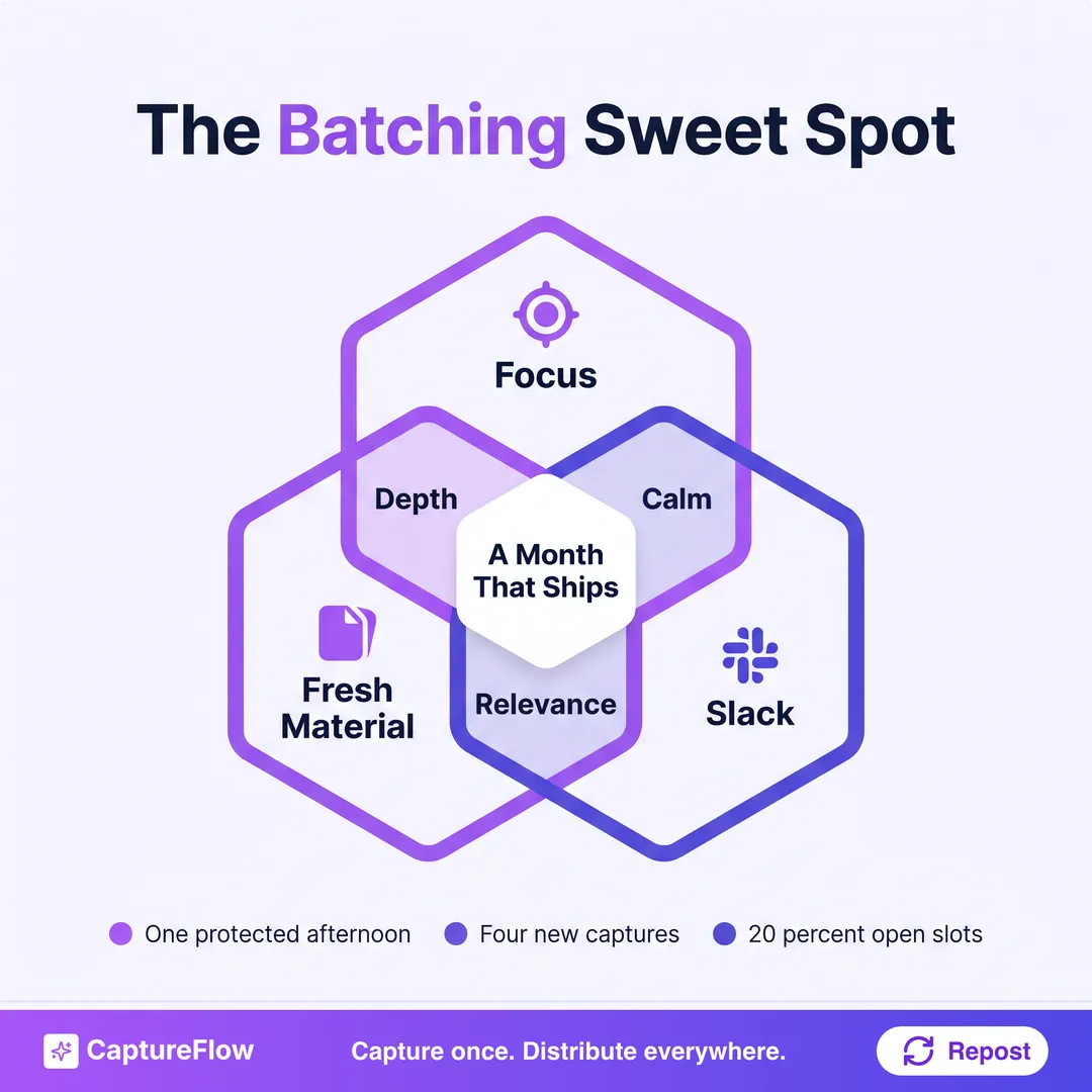 The batching sweet spot as three overlapping hexagons. Focus: one protected afternoon. Fresh material: four new captures. Slack: 20 percent of slots left open. Where focus and material overlap, depth. Where material and slack overlap, relevance. Where focus and slack overlap, calm. The center outcome: a month that ships.