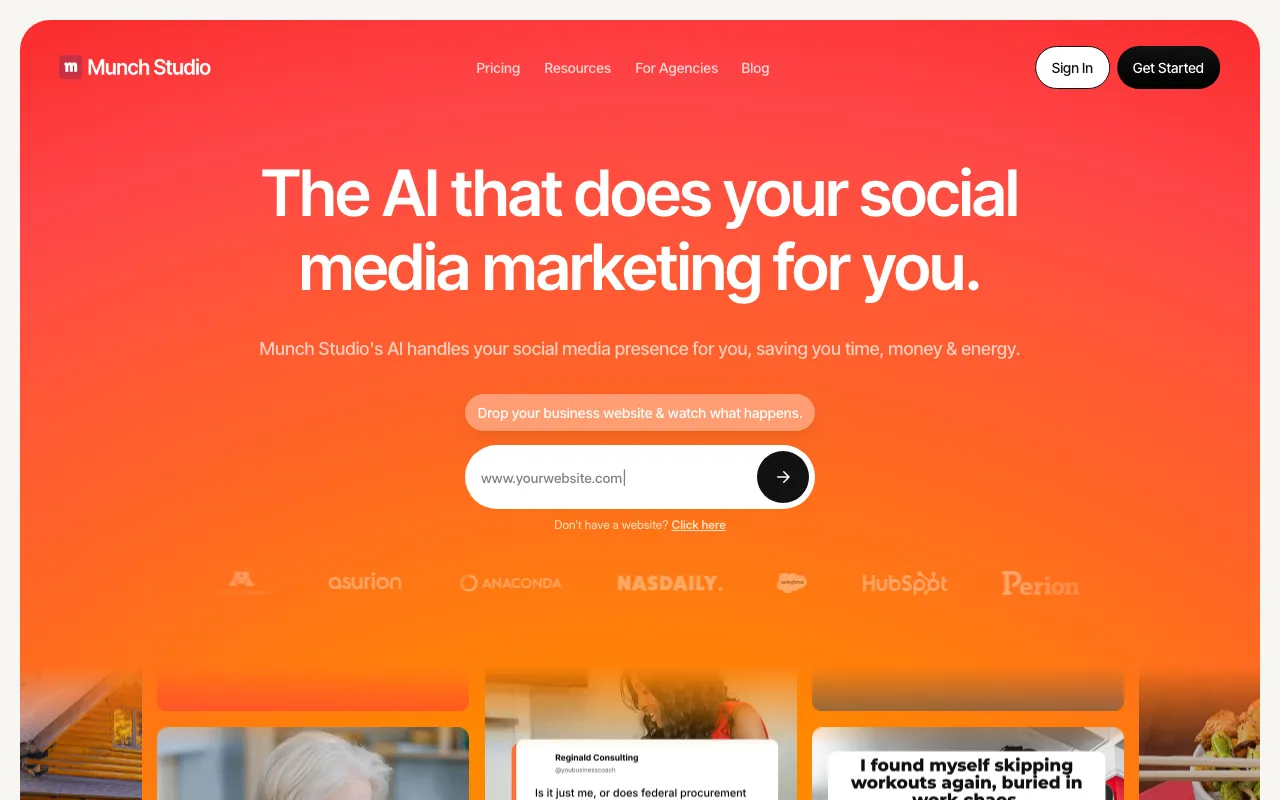 Munch Studio homepage, an AI tool that repurposes video and runs social media marketing from one input.