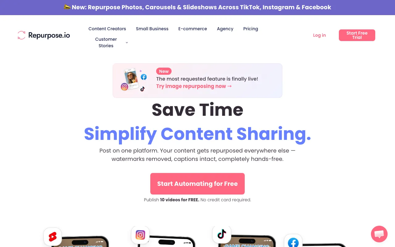Repurpose.io homepage, which auto-repurposes content posted on one platform to every other platform with watermarks removed and captions intact.