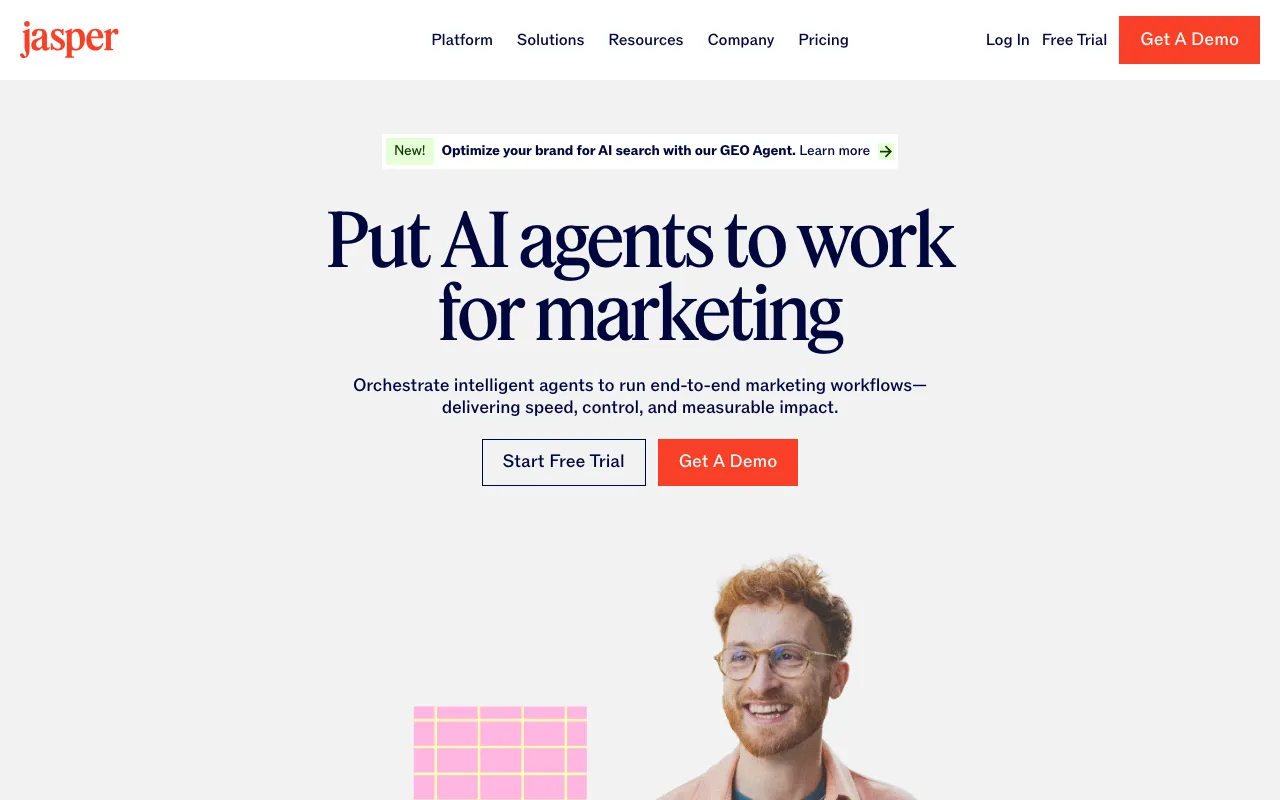 Jasper homepage, an AI platform to put AI agents to work for end-to-end marketing workflows.
