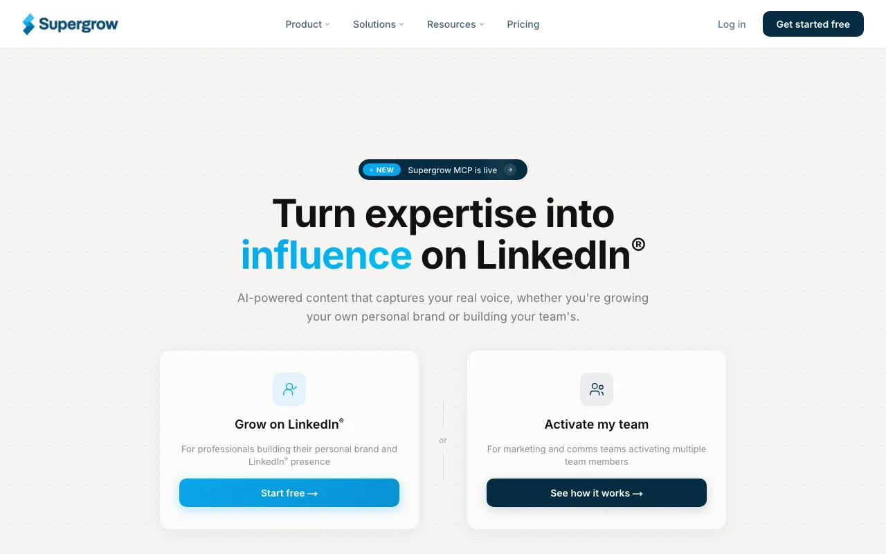 Supergrow homepage, a budget AI writing tool for growing a LinkedIn personal brand.