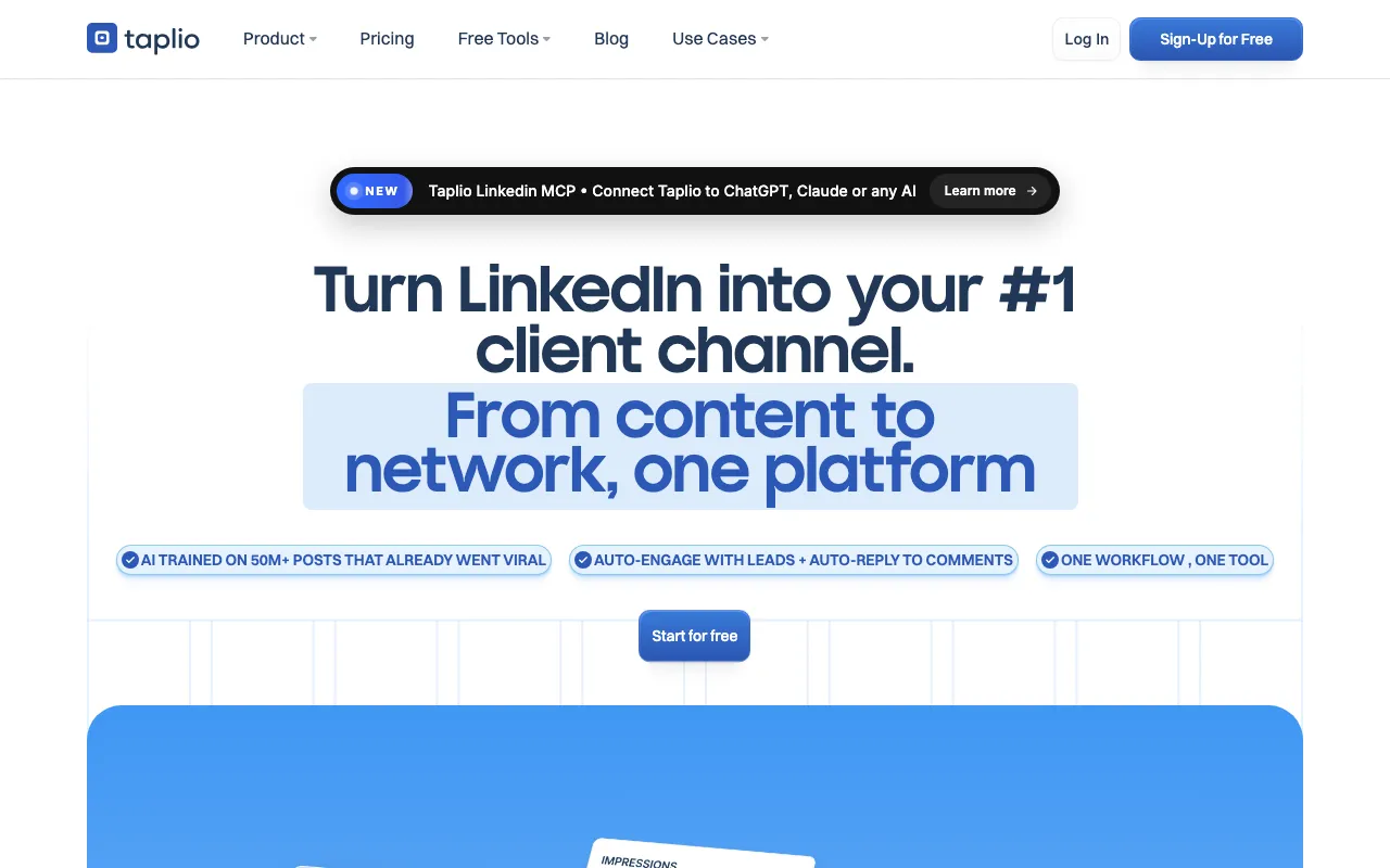 Taplio homepage, an all-in-one LinkedIn tool for writing, scheduling, and growing an audience.