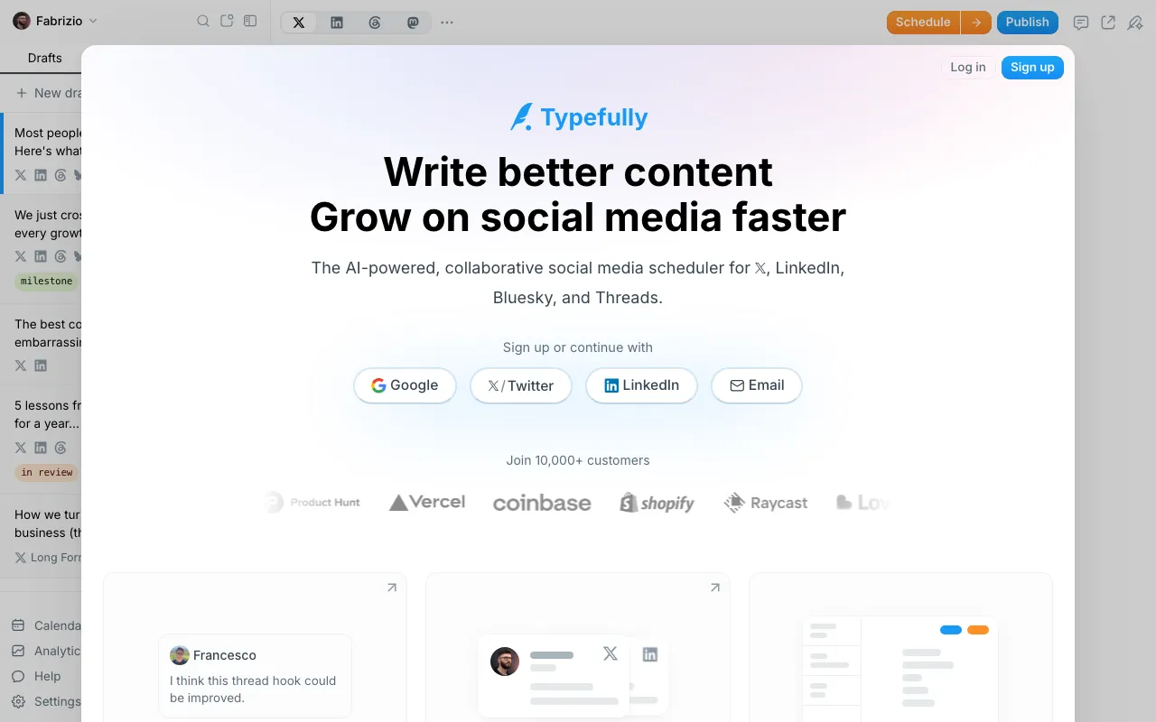 Typefully homepage, a clean writing tool for drafting and scheduling X threads.