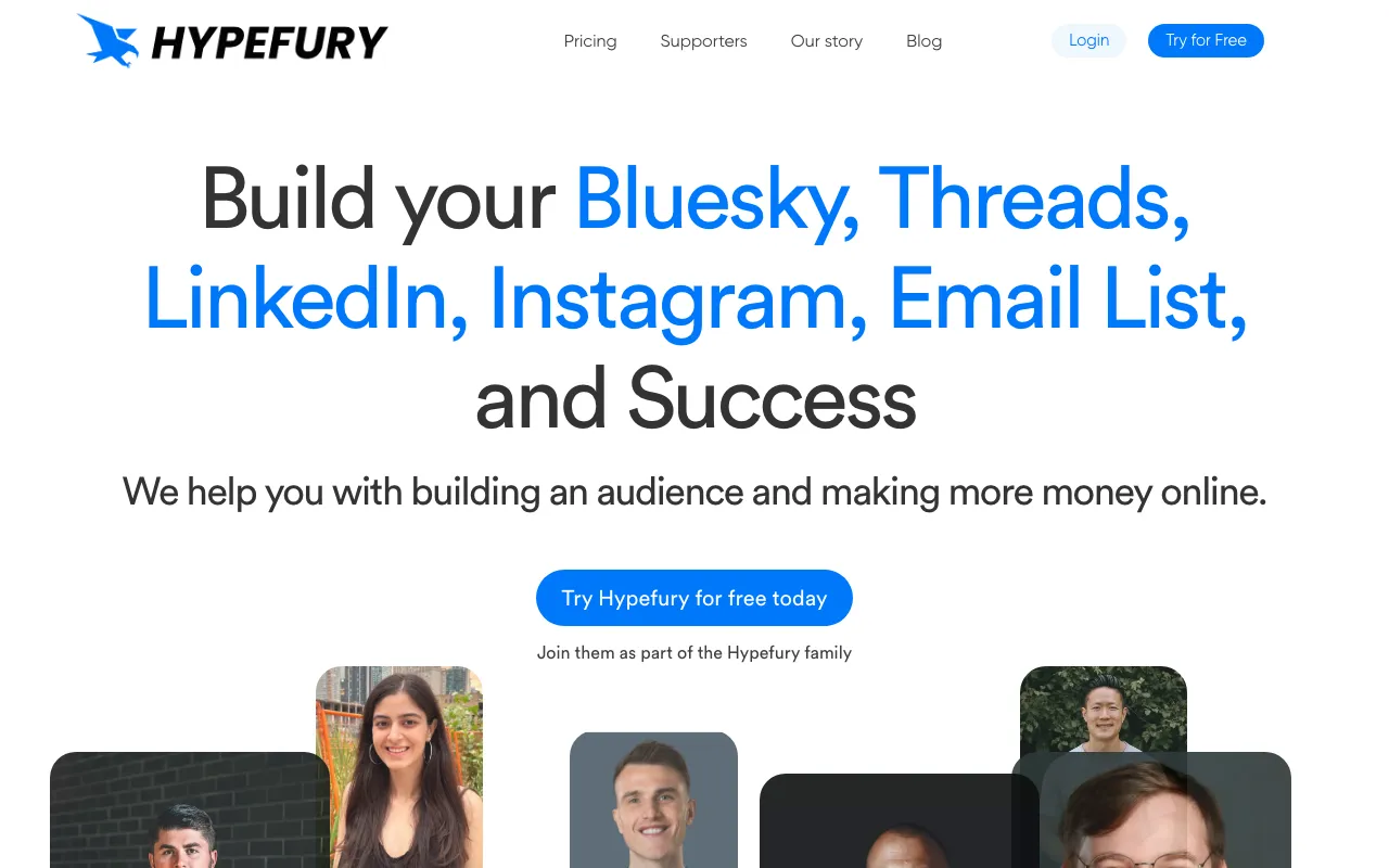 Hypefury homepage, an X-first automation tool that helps you build an audience across Bluesky, Threads, LinkedIn, and Instagram.