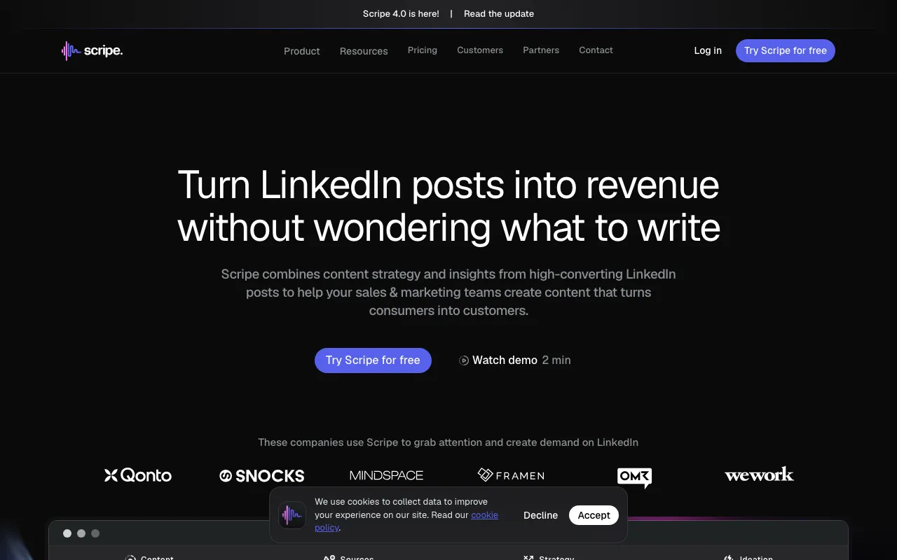 Scripe homepage, an AI tool that turns LinkedIn posts into revenue by repurposing video and audio into content.