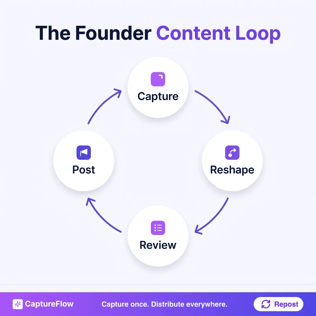 A circular four-step loop for founder content: capture an idea, reshape it into formats, review the drafts, post them, and repeat.