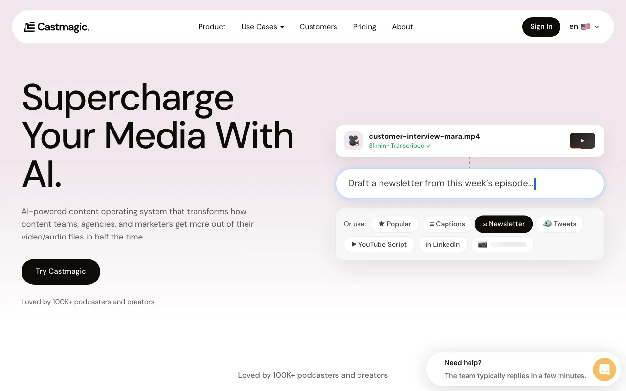 Castmagic homepage, an AI tool that turns audio into content.
