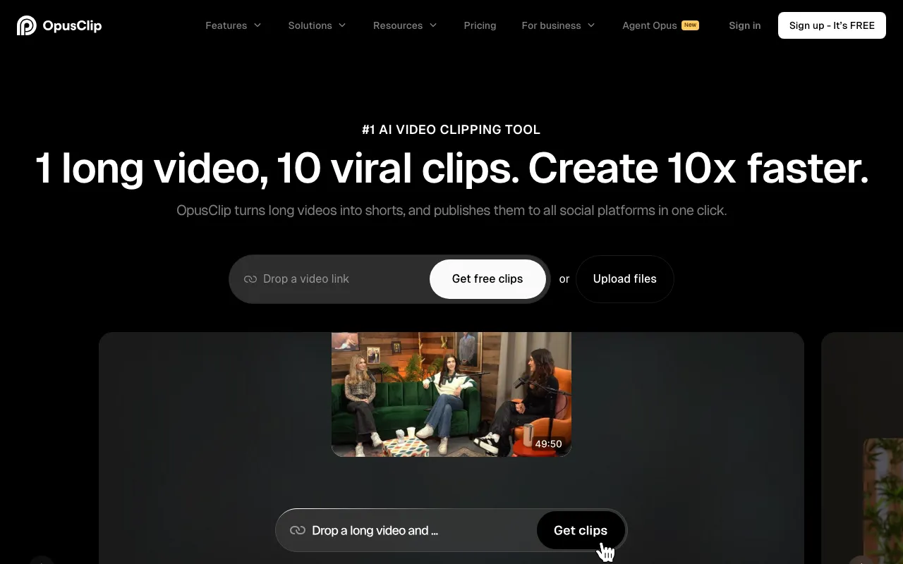 OpusClip, an AI tool that turns long videos into short clips.