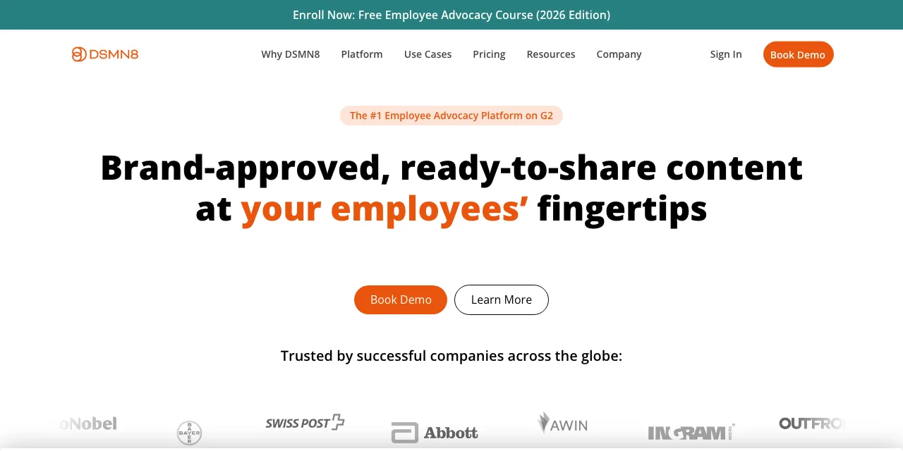 DSMN8 homepage, an employee influencer platform offering brand-approved, ready-to-share content for employees.