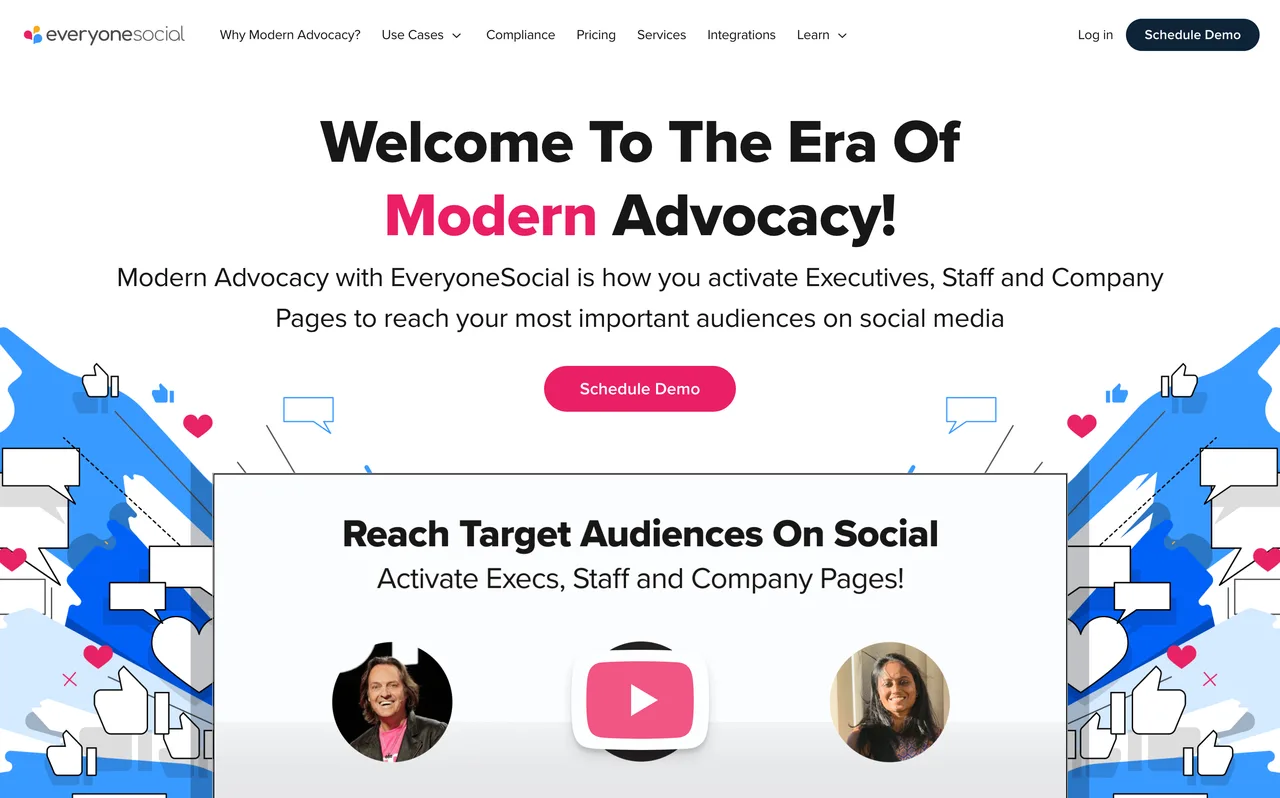 EveryoneSocial homepage, a modern employee advocacy platform for activating executives, staff, and company pages on social.