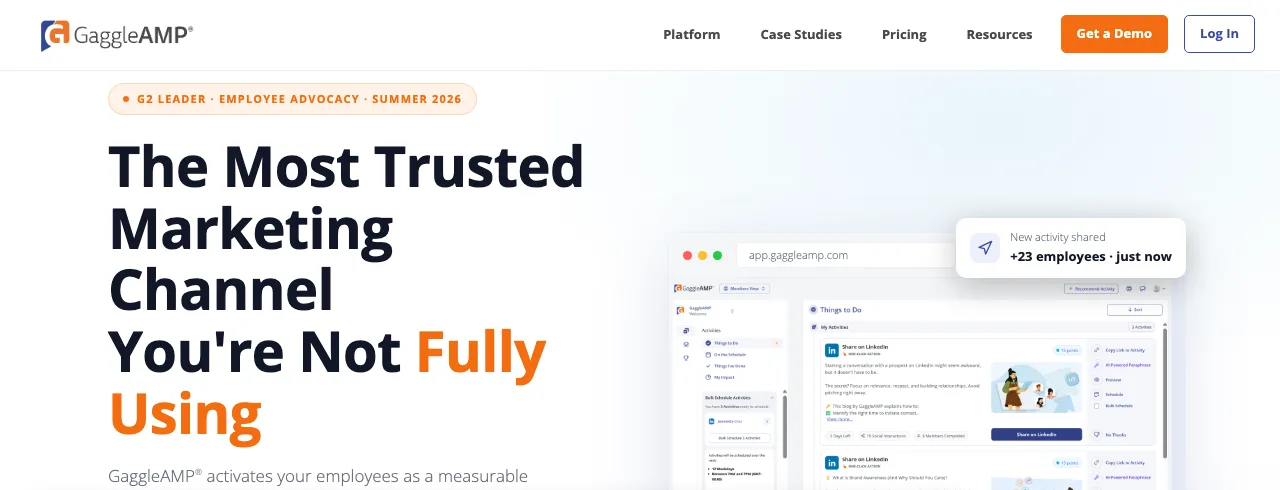 GaggleAMP homepage, an employee advocacy platform that activates employees with structured, assignable engagement activities.