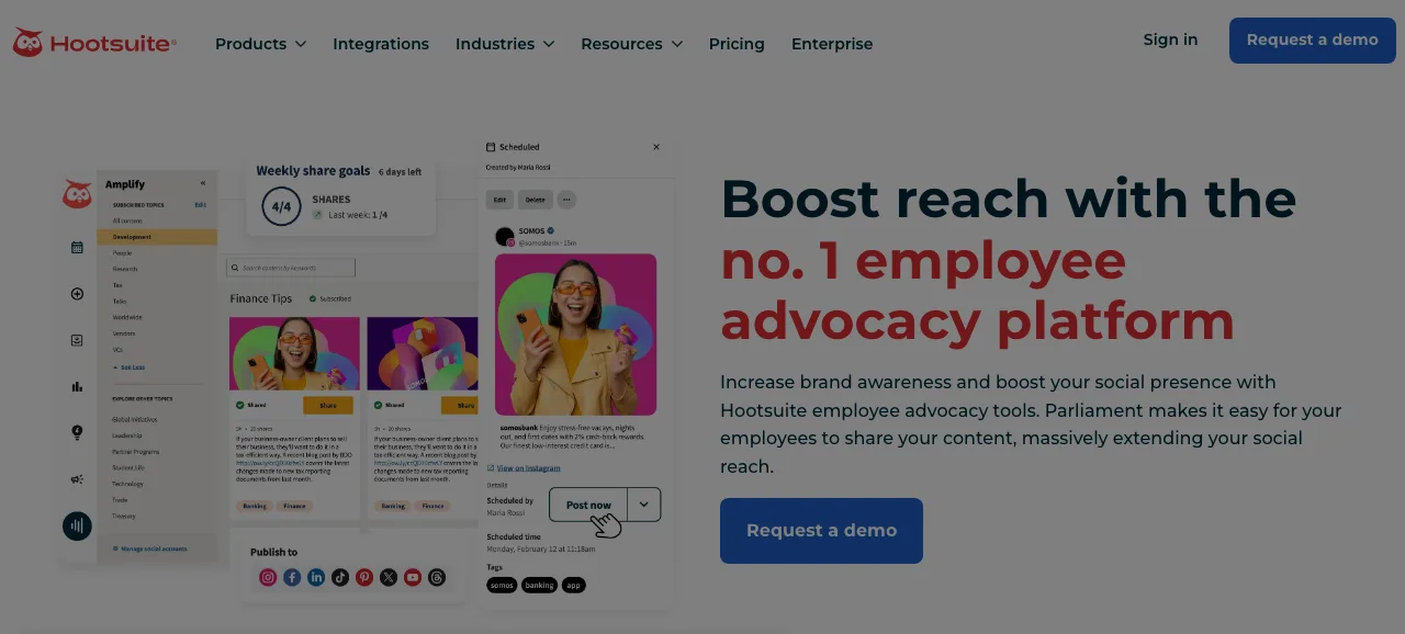 Hootsuite Amplify homepage, Hootsuite's employee advocacy add-on for boosting reach through employee sharing.