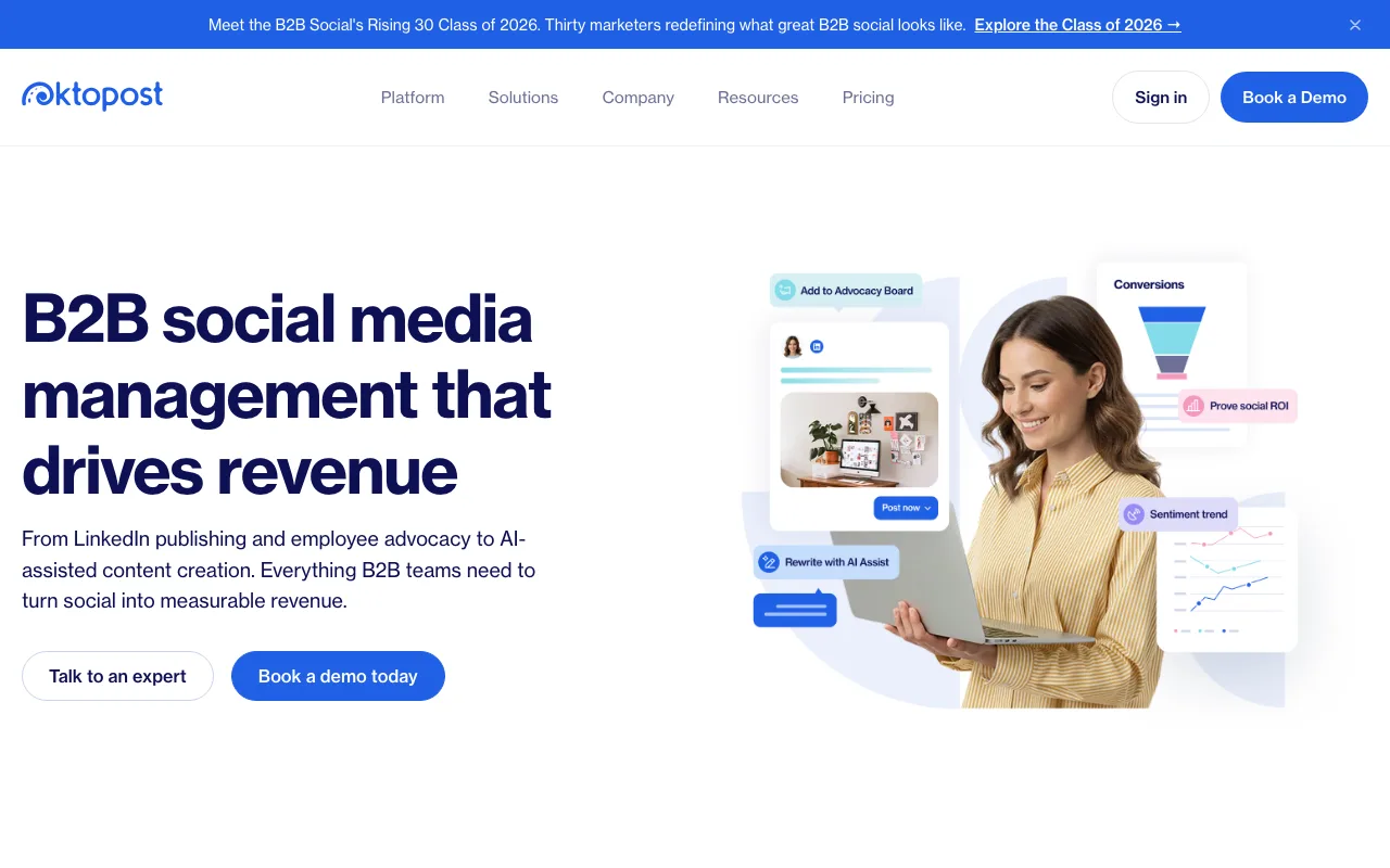 Oktopost homepage, a B2B social media management suite with employee advocacy and revenue attribution.
