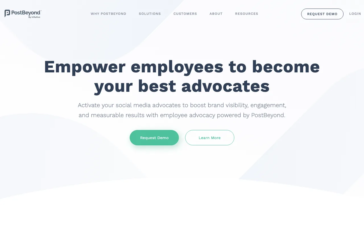 PostBeyond homepage, an employee advocacy platform for curated content sharing at enterprise scale.