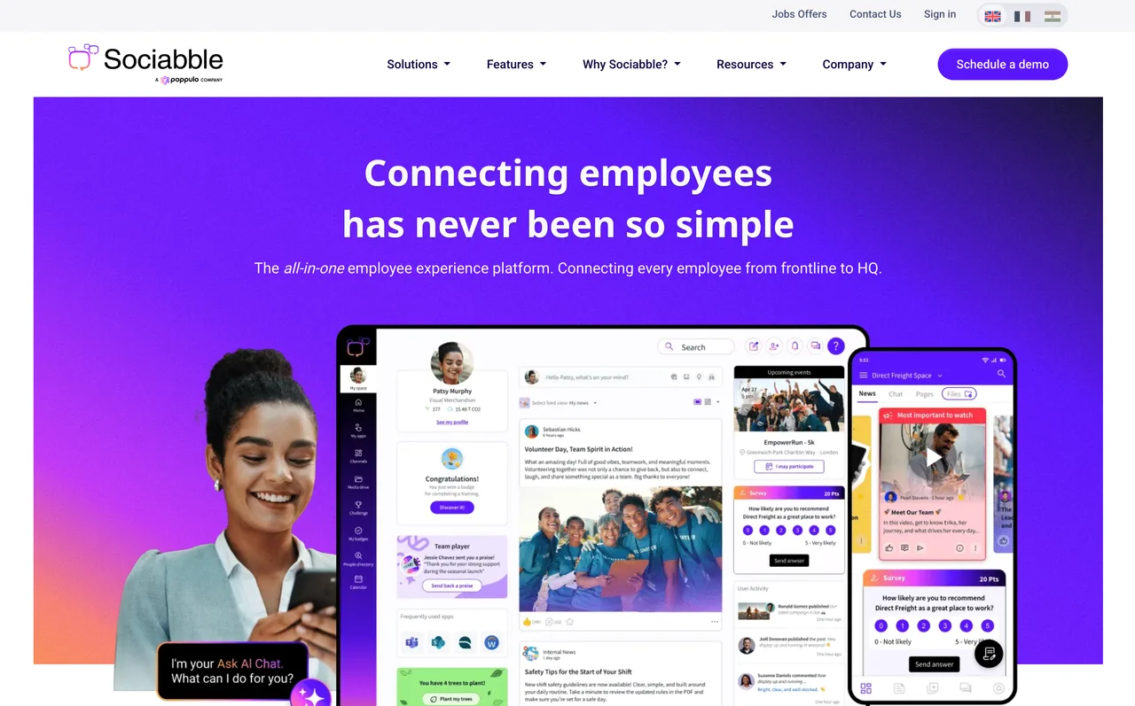 Sociabble homepage, an all-in-one employee experience and advocacy platform connecting every employee from frontline to HQ.