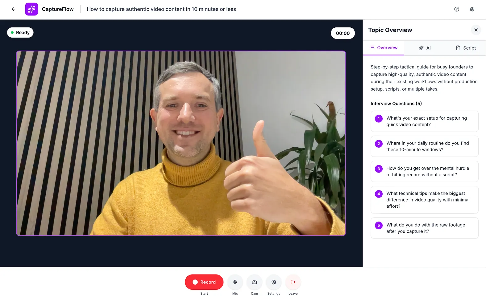 CaptureFlow's recording studio capturing a video with an AI-generated interview outline and topic overview beside it.
