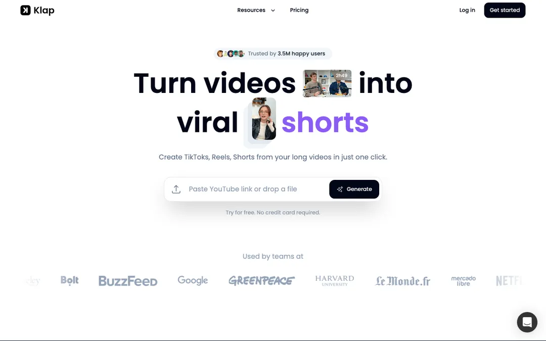 Klap homepage showing a long video turning into several viral short clips with a paste-a-link generator.