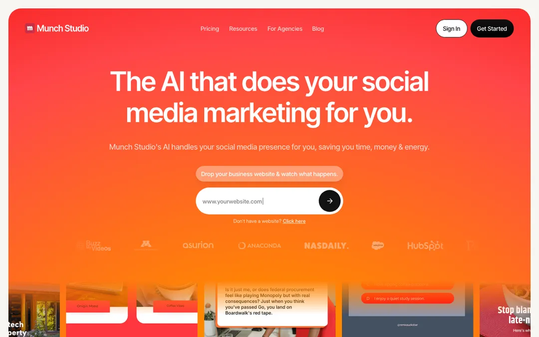 Munch Studio homepage reading "The AI that does your social media marketing for you" with a field to drop a business website.