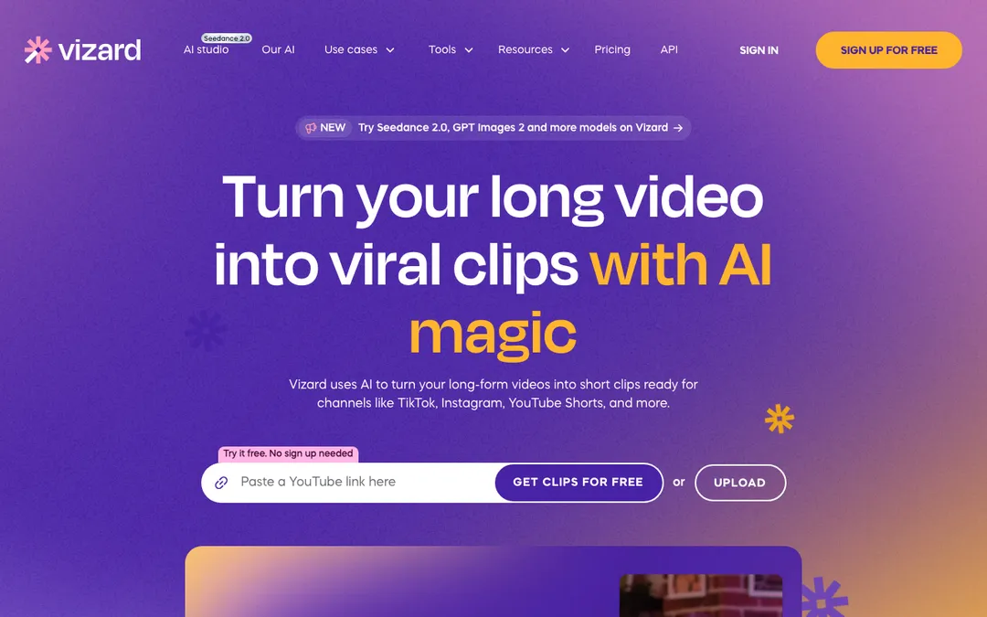 Vizard, an AI clipping tool with captions, reframing, and built-in scheduling.