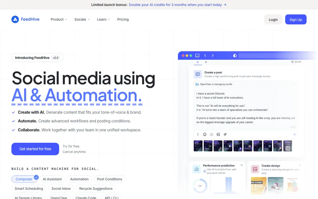 FeedHive homepage, an AI-powered social scheduling tool with best-time predictions and content recycling.