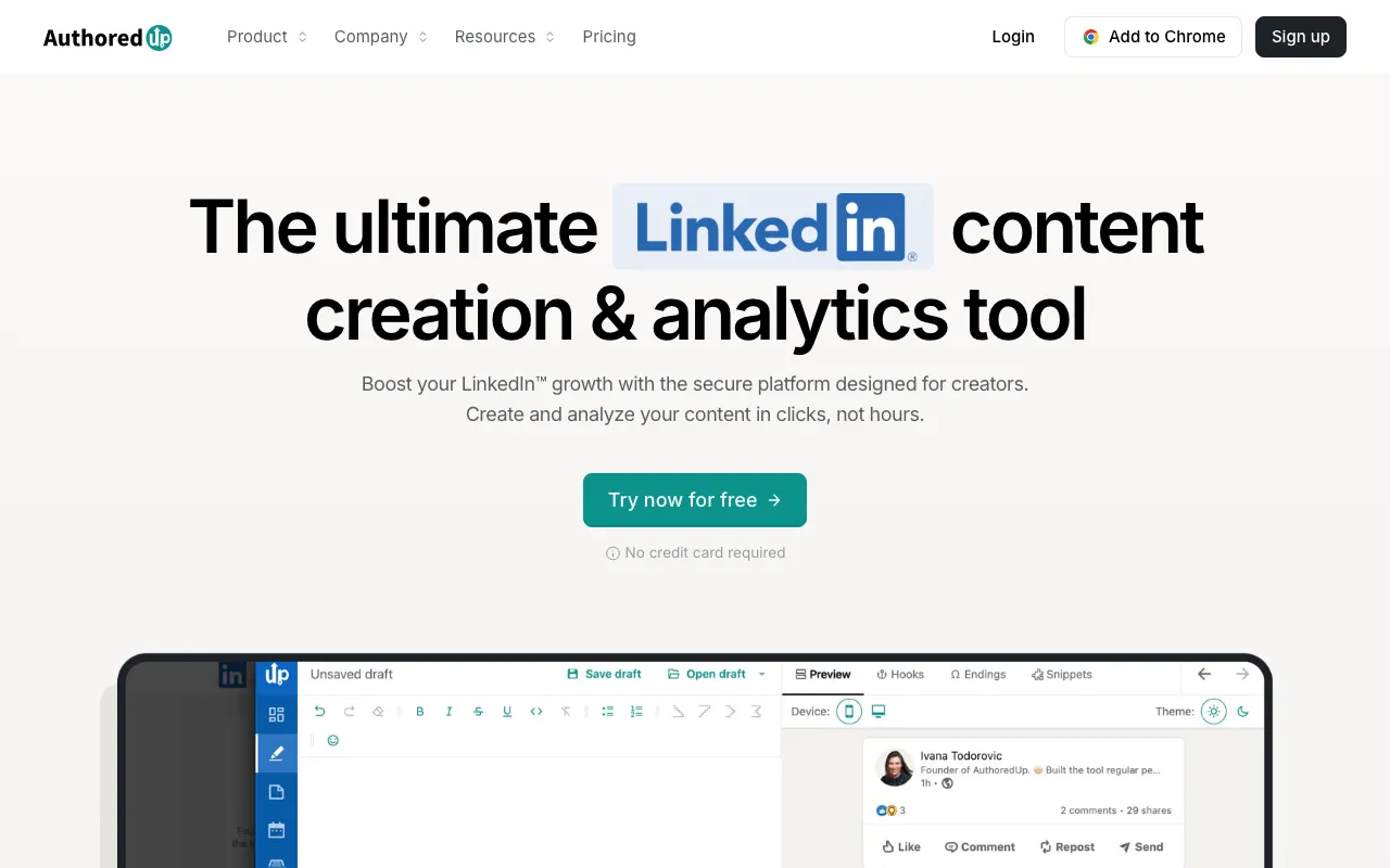 AuthoredUp homepage, a LinkedIn post formatting, preview, and analytics tool.