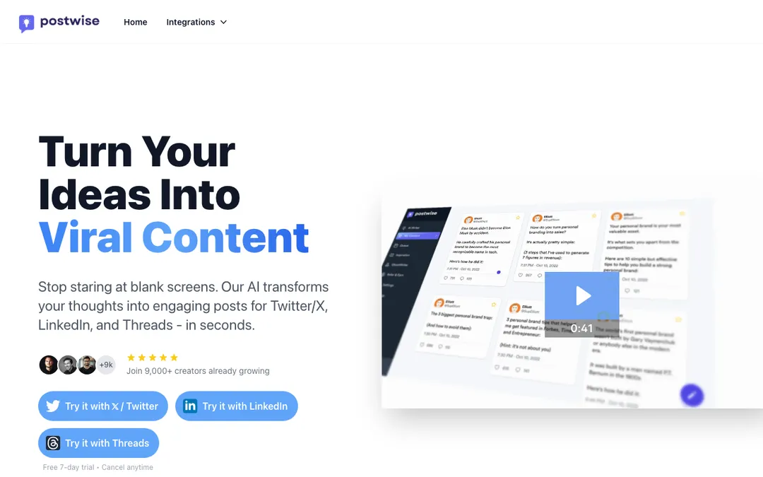Postwise homepage, an AI ghostwriter that turns your ideas into viral X threads and posts.