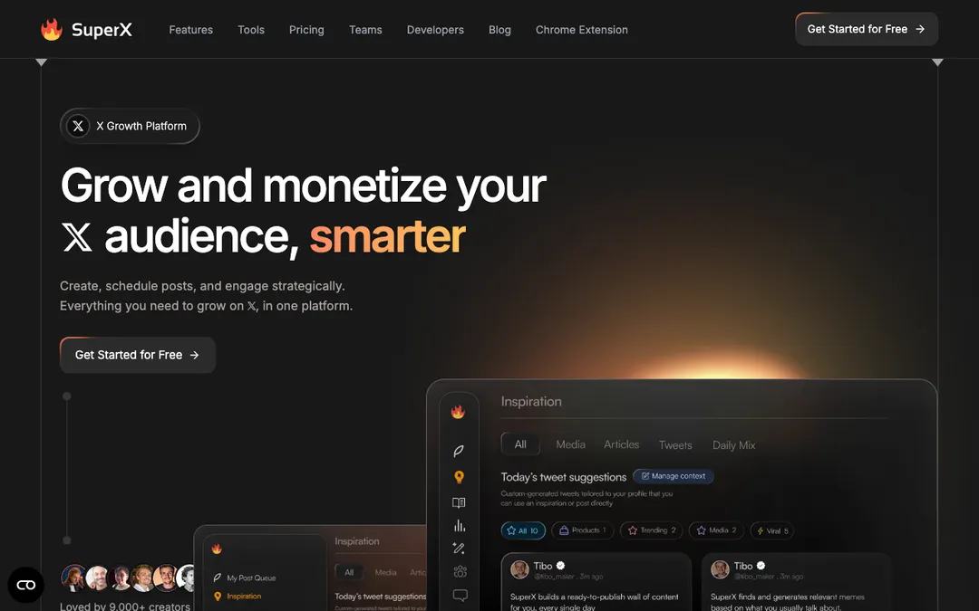SuperX homepage, an X-only growth platform with AI post and thread writers, scheduling, and a Chrome extension for in-feed analytics.