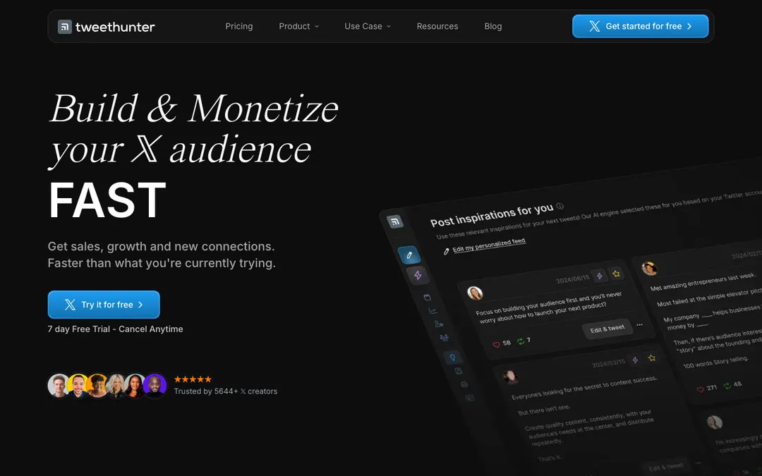 Tweet Hunter homepage, build and monetize your X audience with AI writing, scheduling, and engagement tools.