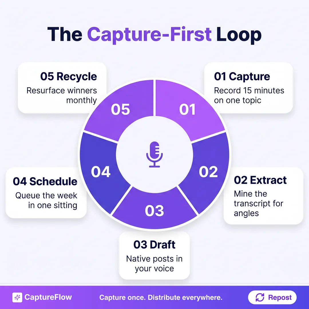 The capture-first content loop as a five-part cycle. Capture, record 15 minutes on one topic. Extract, mine the transcript for angles. Draft, write native posts in your voice. Schedule, queue the week into proven windows. Recycle, resurface winners monthly.