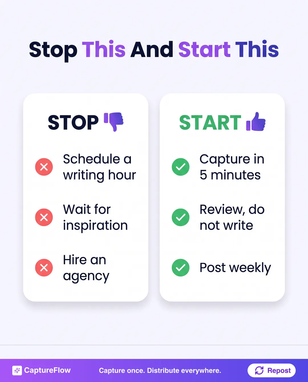A stop-doing versus start-doing checklist contrasting scheduling a writing hour, waiting for inspiration, and hiring an agency against capturing in five minutes, reviewing drafts, and posting weekly.