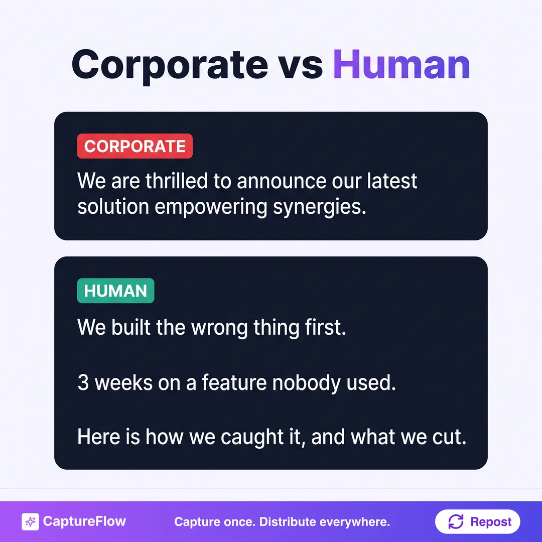 A comparison of a corporate post versus a human one. The corporate version reads: we are thrilled to announce our latest solution empowering synergies. The human version reads: we built the wrong thing first, spent three weeks on a feature nobody used, and here is how we caught it.