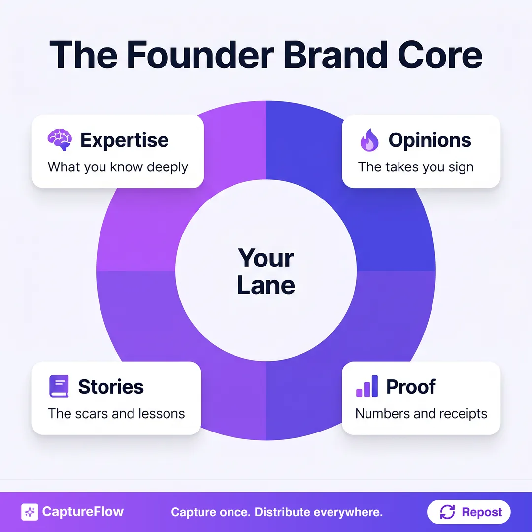 The founder brand core as a circular framework. A center circle reads Your Lane, surrounded by a ring of four quadrants: Expertise, what you know deeply. Opinions, the takes you sign. Stories, the scars and lessons. Proof, numbers and receipts.