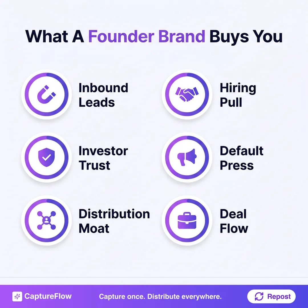 Six things a working founder brand buys you, shown as an icon grid: inbound leads, hiring pull, investor trust, default press, a distribution moat, and deal flow.