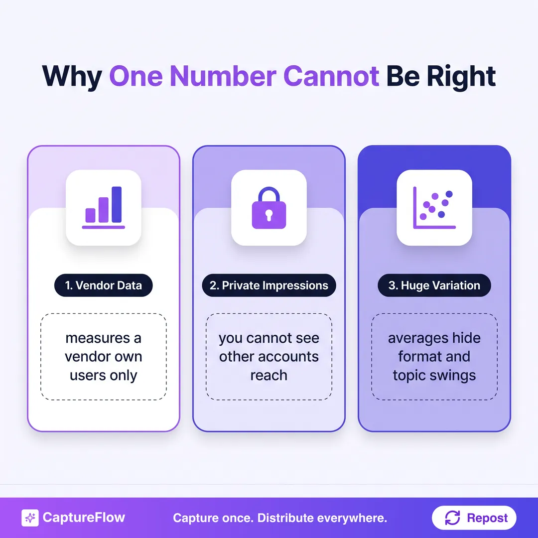 Three reasons a single good engagement rate benchmark cannot be trusted: the numbers come from vendor tools, impressions are private, and averages hide huge variation.
