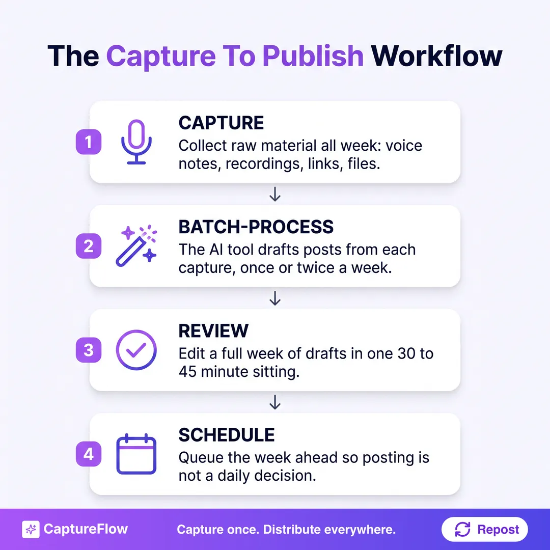 The capture to publish workflow: capture raw material, batch-process it into drafts, review in one sitting, and schedule a week of posts.