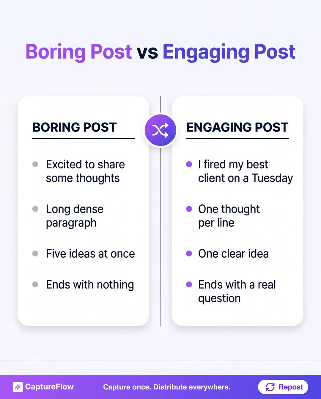 Boring post versus engaging post, a two-column before and after. Boring post, excited to share some thoughts, long dense paragraph, five ideas at once, ends with nothing. Engaging post, I fired my best client on a Tuesday, one thought per line, one clear idea, ends with a real question.
