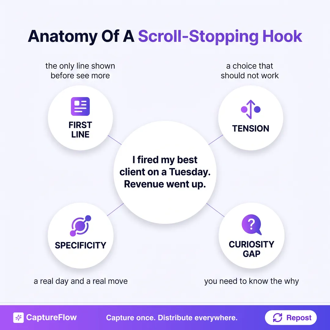 Anatomy of a scroll-stopping LinkedIn hook. The example hook reads I fired my best client on a Tuesday and revenue went up. Four labeled parts point at it. First line, the only line shown before see more. Tension, a choice that should not work. Specificity, a real day and a real move. Curiosity gap, you need to know the why.