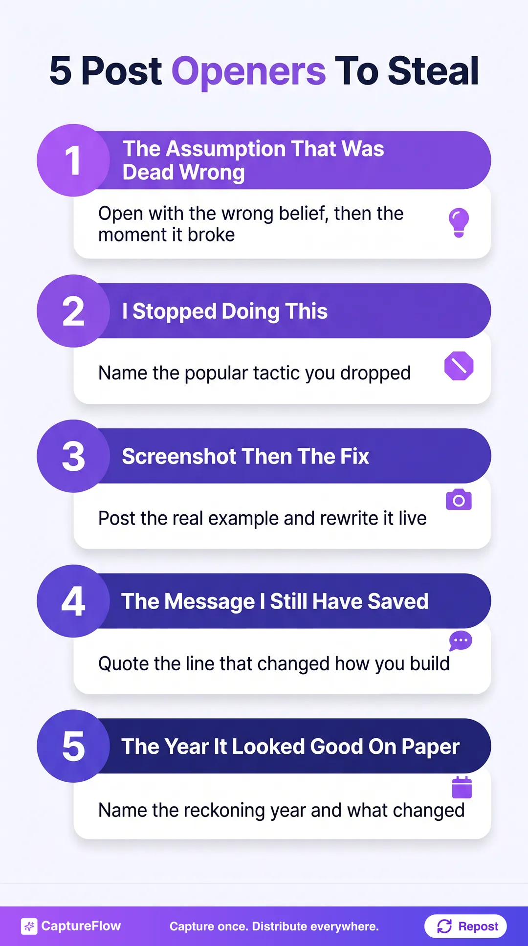 Five numbered post openers to steal, presented as a vertical list. One, the assumption that was dead wrong, open with the wrong belief then the moment it broke. Two, I stopped doing this, name the popular tactic you dropped. Three, screenshot then the fix, post the real example and rewrite it live. Four, the message I still have saved, quote the line that changed how you build. Five, the year it looked good on paper, name the reckoning year and what changed.