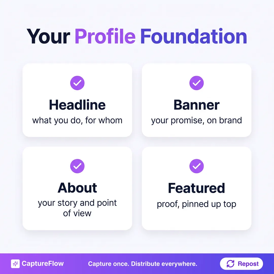 A profile foundation checklist with four items: headline that says what you do and for whom, banner that shows your promise on brand, about section with your story and point of view, and featured section with proof pinned up top.