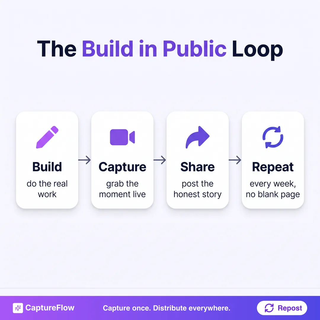 A four-step build-in-public loop: build, capture the moment live, share the honest story, then repeat every week with no blank page.